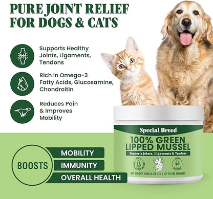 Green Lipped Mussel Powder for Dogs &amp; Cats - 100% New Zealand Green Lipped Mussels - Natural Hip &amp; Joint Supplement for Joints, Tendons, Ligaments, Muscles - 150 Grams - Up to 500 Servings