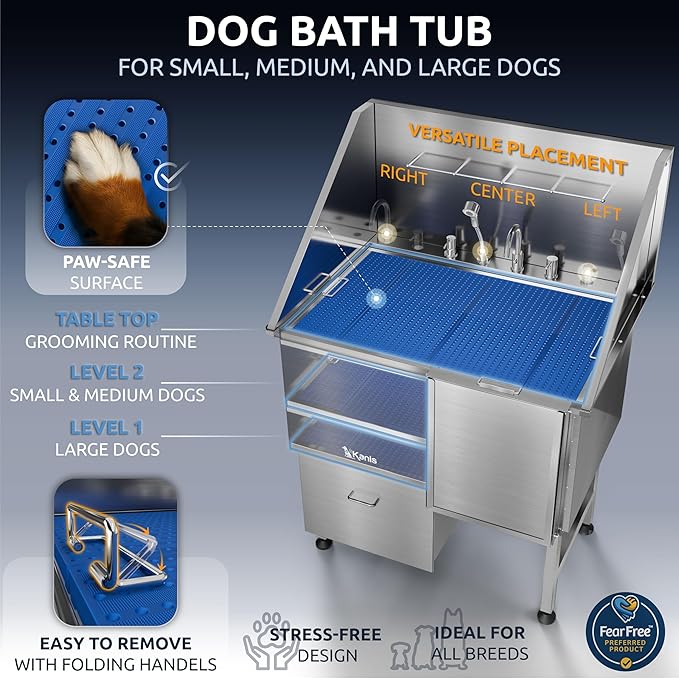 KANIS Professional Dog Washing Station - 304 Stainless Steel Pet Wash Sink &amp; Grooming Bath Tub for Home with Ramp, Shower, Floor Grate, Storage Drawer, Faucet, Drain Kit for Large, Medium &amp; Small Pets