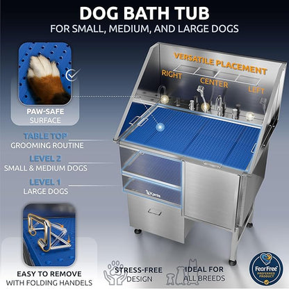 KANIS Professional Dog Washing Station - 304 Stainless Steel Pet Wash Sink &amp; Grooming Bath Tub for Home with Ramp, Shower, Floor Grate, Storage Drawer, Faucet, Drain Kit for Large, Medium &amp; Small Pets