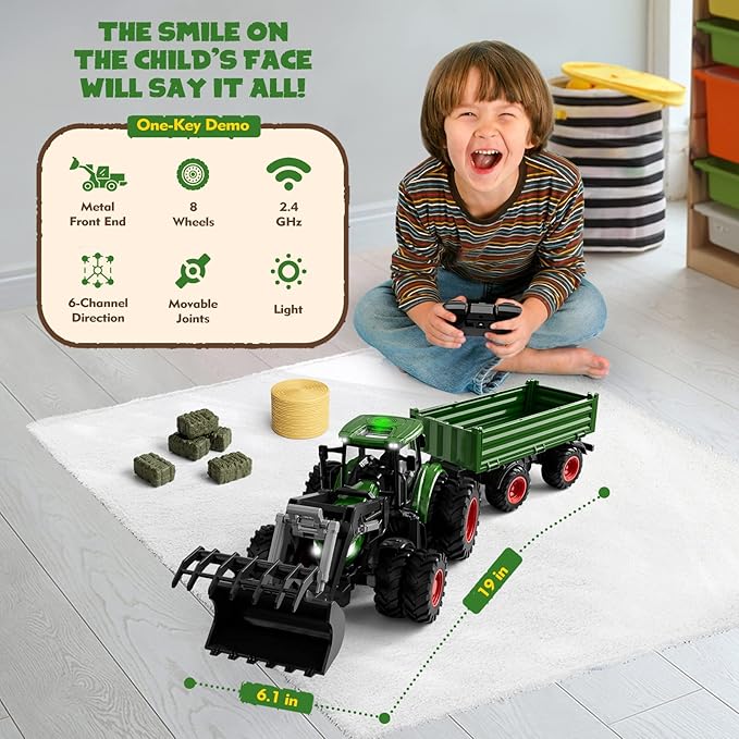 Remote Control Tractor Toy, Kids RC Tractor Set &amp; Truck and Trailer Front Loader - Metal Car Head/8 Wheel/Light, Toddlers Farm Vehicle Toys for 3 4 5 6 7 8 9 Year Old Boys Girls Birthday Gift