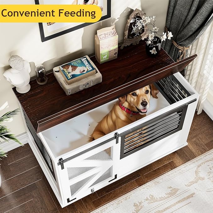 47 inch XL Dog Crate Furniture with Top-Access Teasing/Feeding Doors, Farmhouse Wooden Decorative Dog Crates with Wheels, Chew-Resistant Dog Crates End Table for Medium&amp;Large Dogs, White