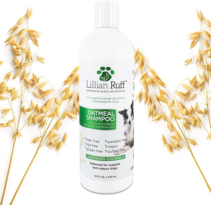 Lillian Ruff Calming Oatmeal Pet Shampoo for Dry Skin &amp; Itch Relief with Aloe &amp; Hydrating Essential Oils - Replenish Moisture &amp; Deodorize - Tearless Dog Shampoo for Normal/Sensitive Skin (16oz)