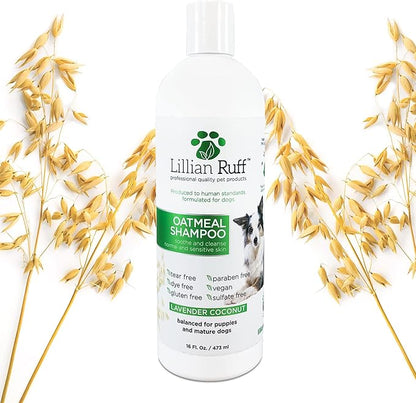 Lillian Ruff Calming Oatmeal Pet Shampoo for Dry Skin &amp; Itch Relief with Aloe &amp; Hydrating Essential Oils - Replenish Moisture &amp; Deodorize - Tearless Dog Shampoo for Normal/Sensitive Skin (16oz)