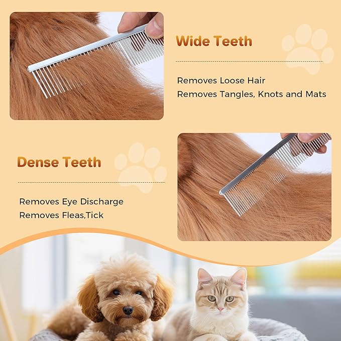 7.5 Inch Professional Stainless Steel Pet Grooming Comb for Dogs &amp; Cats, Wide &amp; Dense Teeth for Removing Tangles, Knots,Undercoat,Flea,Excess Hair, Rounded Corners Design for Safe,Metal Dematting Tool