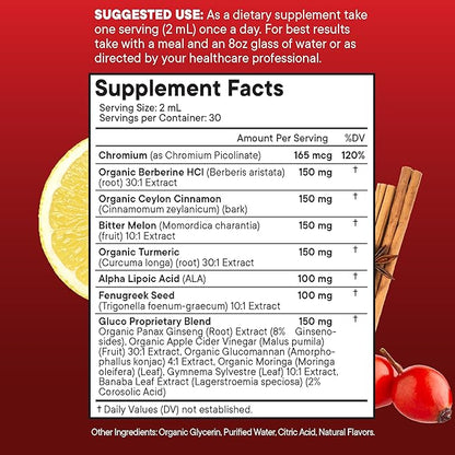 Berberine with Ceylon Cinnamon Supplement Liquid Drops + Bitter Melon Extract, Glucomannan, Gymnema, Chromium, Turmeric, Panax Ginseng, Moringa- 4 OZ