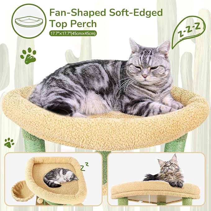 Globlazer Cactus Corner Cat Tree Tower with Scratching Post for Indoor Cats, 51in Multi-Level Cat Condo Tower with Large Hammock, Fan-Shaped Padded Perch, Spacious Cat Cave, Hanging Basket, C51, Green
