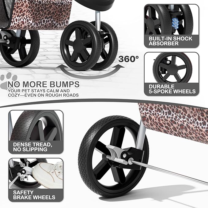 MoNiBloom 3 Wheels Pet Dog Cat Stroller for Small Medium Dogs Cats, Lightweight Foldable Jogger Stroller w/Storage Basket &amp; Cup Holder, Leopard Print