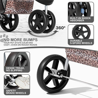 MoNiBloom 3 Wheels Pet Dog Cat Stroller for Small Medium Dogs Cats, Lightweight Foldable Jogger Stroller w/Storage Basket &amp; Cup Holder, Leopard Print