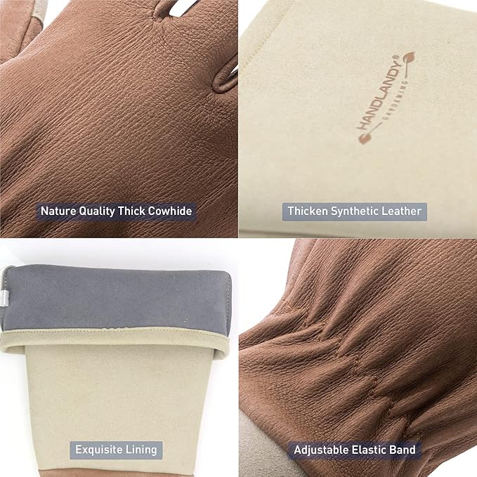 HANDLANDY Long Gardening Gloves for Men &amp; Women, Thorn Proof Rose Pruning Gloves Leather Gauntlets Garden Glove Yard Work Glove (Large, Brown)