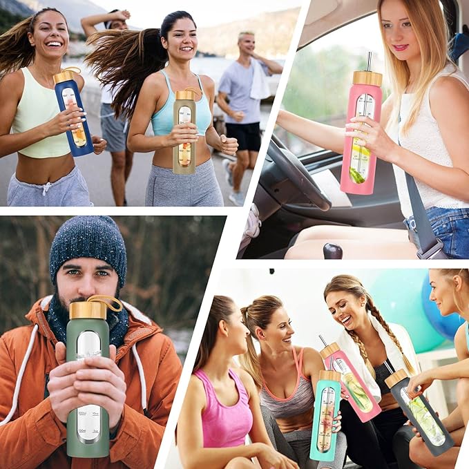 32 oz Glass Water Bottle with Straw - Motivational Time Marker &amp; Silicone Sleeve - Reusable Tumbler Includes 2 Bamboo Lids &amp; Fruit Infuser - 1 Pack