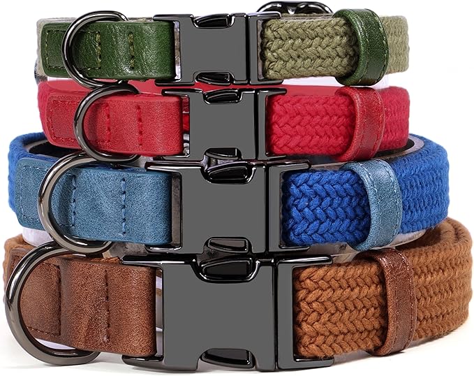 PET ARTIST Soft Cotton Dog Collar for Large Dogs in Stylish Green, Simple Dog Collar with Quick Release Metal Buckle &amp; D Ring, L Size (15-23")