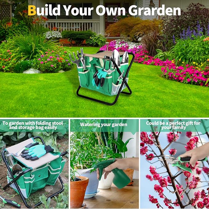 Kitness 9 PCS All-in-one Garden Tools Set Heavy Duty Cast-Aluminium Alloy Gardening Tools Kit with Folding Stool Seat&amp;Detachable Canvas Tool Bag Great Gifts for Gardening