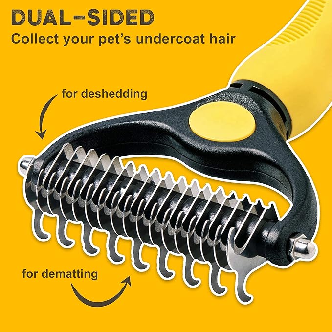 Deshedding Dog Brush - Double-Sided Pet Hair Remover for Cats &amp; Dogs - Yellow Undercoat Grooming Rake for Shedding and Dematting