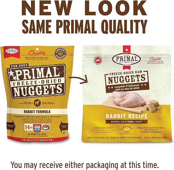 Primal Freeze Dried Raw Dog Food Nuggets, Rabbit, Complete &amp; Balanced Meal, Also Use as Topper or Treat, Premium, Healthy, Grain Free, High Protein Raw Dog Food, 14 oz