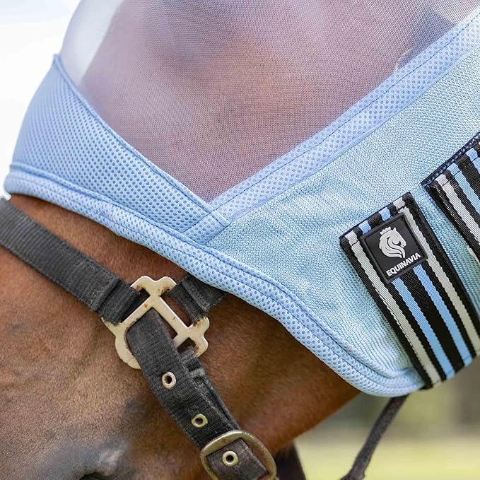 Equinavia Algard Soft Mesh Horse Fly Mask with Ear Protection and 45 UPF Rating | No Eye Irritation &amp; UV Protection - Light Blue - Pony
