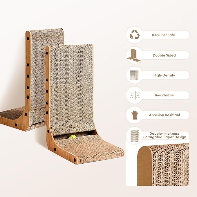 EHEYCIGA Cardboard Cat Scratcher for Indoor Kitten Cats, 19 Inch L Shaped Vertical Cat Scratching Board with Ball Cat Toy, Small Cat Scratcher Pad, Brown