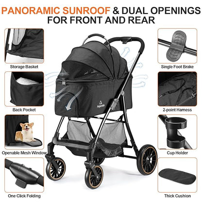 Pet Stroller for Small/Medium Dogs &amp; Cats up to 55 lbs, Upgraded 4 Wheels Dog Stroller for Large Dogs, 3-in-1 Foldable Portable Travel Carrier for 2 Cats with Storage Basket and Cupholder