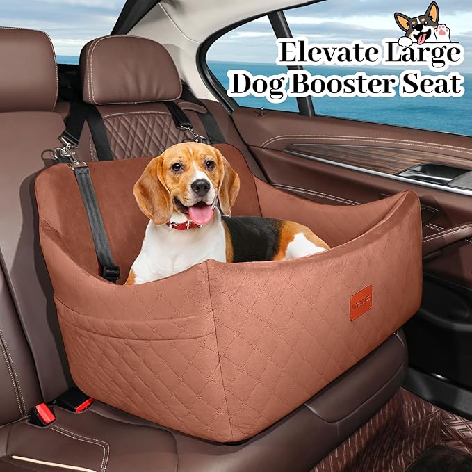 Dog Car Seat for Medium &amp; Large Dogs Up to 55lbs, Memory Foam Cushion, Washable Cover, Safety Straps &amp; Non-Slip Base (Brown, Large)