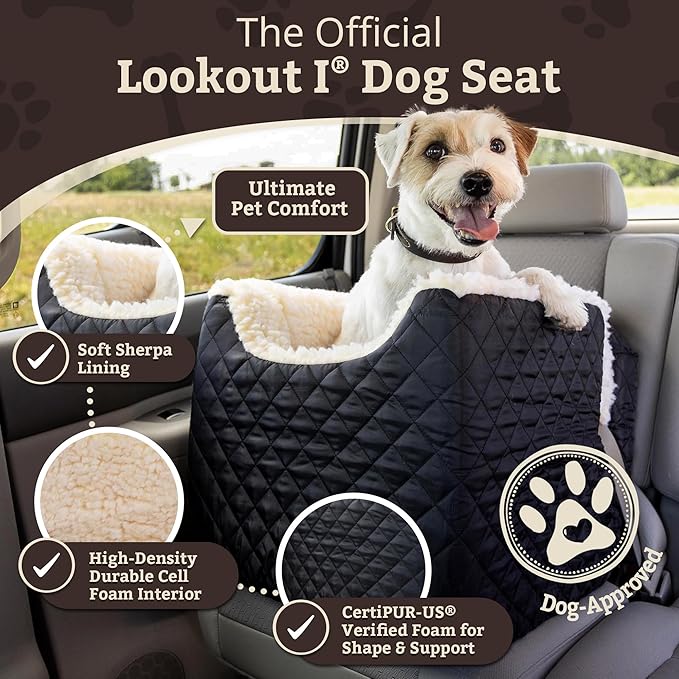 Snoozer Lookout I Car Seat - Dog Car Seats for Small Dogs, Puppy Booster Bed for Small &amp; Medium Sized Pets Up to 25 Lbs, Elevated, Washable - Medium, Black Quilted