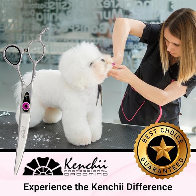 Kenchii Love Left Handed Dog Grooming Scissors, 7 Inch Curved Shears, Dog Scissors for Grooming, Professional Pet Grooming Scissors, Ergonomic &amp; Comfortable