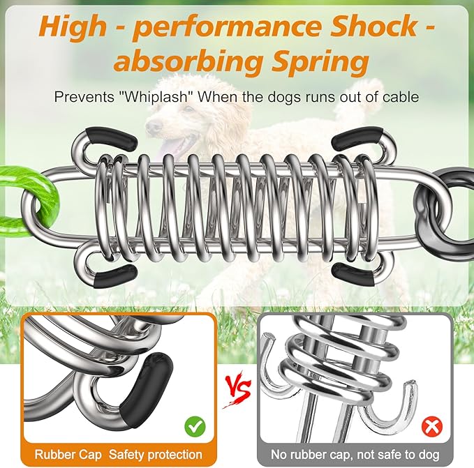 Tresbro 100FT Dog Tie Out Cable with Spring, Shock Absorbing Tether Chains for Outside Aavilable in 10/15/20/25/30/40/50/70/100/120 FT, Heavy Duty Leads for Yard for Medium &amp; Large Dogs Up to 500 LBS