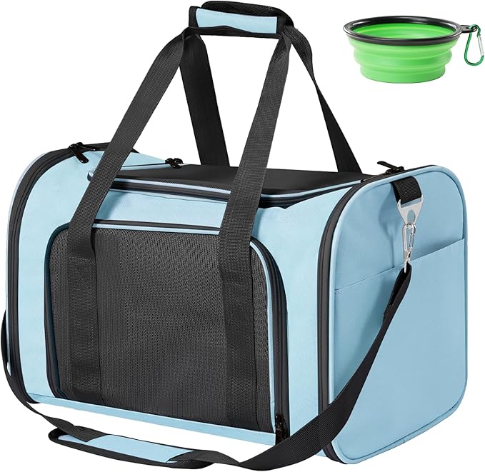 Roaringkitty Travel in Style: Portable Pet Carrier for Small Pets up to 15 Lbs- Airline Approved, Collapsible &amp; Comfortable cat/Puppy Soft Sided Bag (Blue)