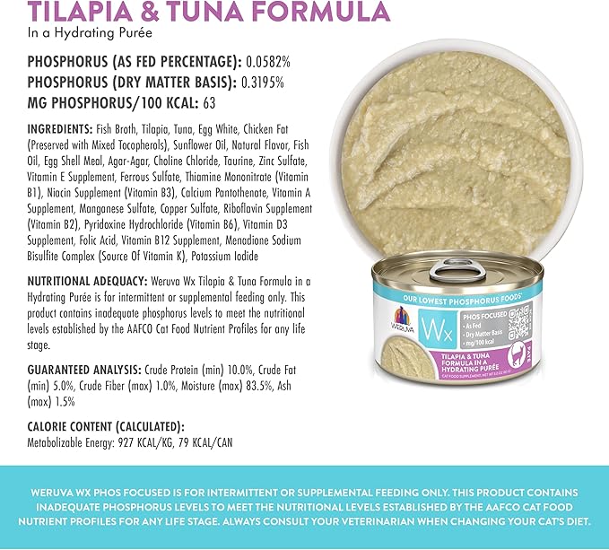 Weruva Wx Phos Focused, Tilapia &amp; Tuna Formula in a Hydrating purée, 3oz Can (Pack of 12)