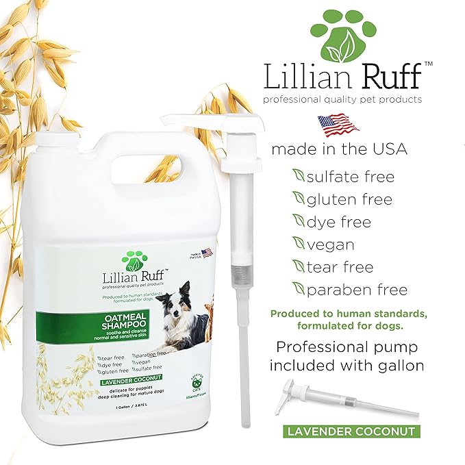 Lillian Ruff Calming Oatmeal Pet Shampoo for Dry Skin &amp; Itch Relief with Aloe &amp; Hydrating Essential Oils - Replenish Moisture &amp; Deodorize -Gentle Dog Shampoo for Normal/Sensitive Skin (Gallon &amp; Pump)