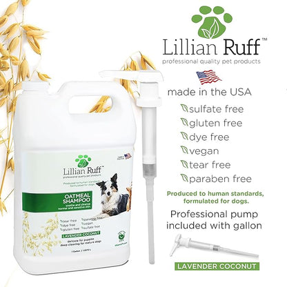 Lillian Ruff Calming Oatmeal Pet Shampoo for Dry Skin &amp; Itch Relief with Aloe &amp; Hydrating Essential Oils - Replenish Moisture &amp; Deodorize -Gentle Dog Shampoo for Normal/Sensitive Skin (Gallon &amp; Pump)
