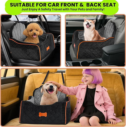 Dog Car Seat for Small Dogs Under 30lbs, Detachable Washable Pet Booster Seat with Safety Belt &amp; Storage Pockets, Travel Car Bed, Black/Grey