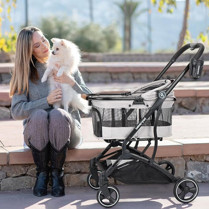 T3 3 in 1 Small Pet Stroller for Dogs &amp; Cats, 4 Wheels for Dogs with Detachable Carrier with Pad, Canopy and Cup Holder, Grey