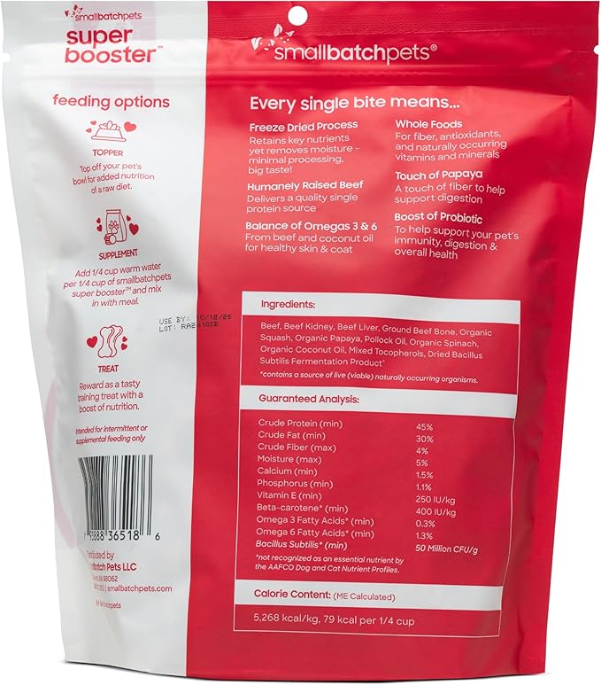Smallbatch Freeze Dried Dog Treats, Superfood Food Topper Beef Bites for Dogs &amp; Cats, Probiotics, Organic Ingredients, High Protein, Grain Free Healthy Treat Food Topper, Made in The USA, 18 oz Bag