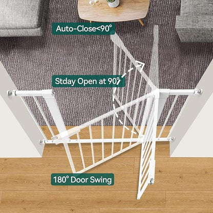 Babelio Metal Baby Gate, 29-43" Auto Close Easy Install Pet Gate, Extra Wide Walk Thru Child Safety Gate, 30" Tall Pressure Mounted Dog Gate for Doorways &amp; Stairs, White