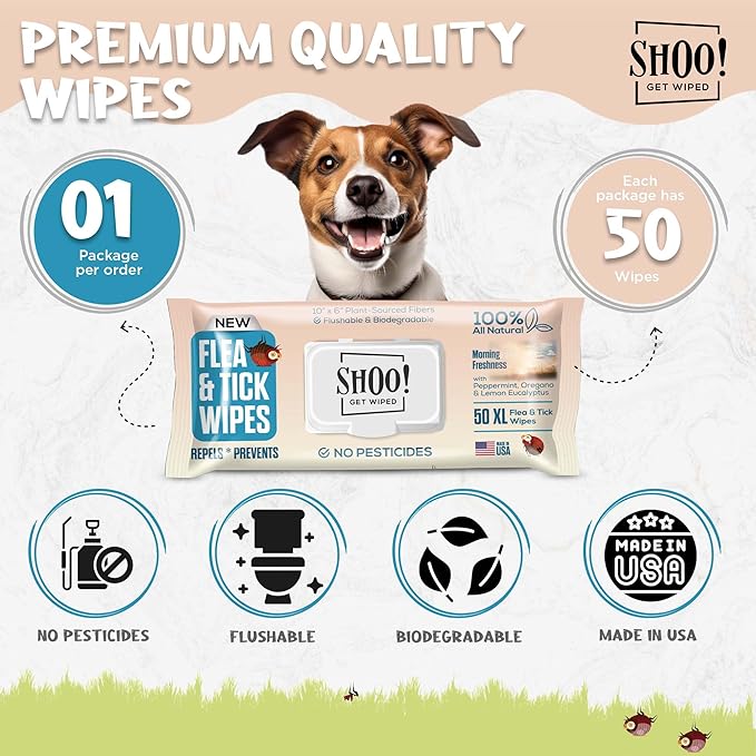 Shoo! Flea &amp; Tick Wipes for Dogs | Convenient, Easy On-The-Go Protection | Plant Based, Natural Oils, Chemical Free | Repels &amp; Prevents | 50 XL Wipes | (Morning Freshness)