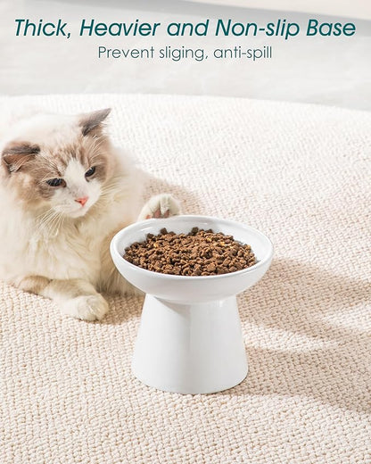 vancasso Ceramic Elevated Cat Bowls 2-Pack - 6.2" Extra Wide Raised Cat Food &amp; Water Dishes, 5.1" Optimal Height Anti-Whisker Fatigue Shallow Bowls for Cats/Kittens/Dogs, Lead &amp; Cadmium Free (White)