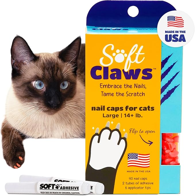 Soft Claws Cat Nail Caps for Large Cats – (40 Caps, Pink) - Made in USA - Veterinarian-Developed, Non-Toxic | Protects Furniture &amp; Skin - Easy to Apply, Long-Lasting Anti-Scratch Soft Cat Claw Covers