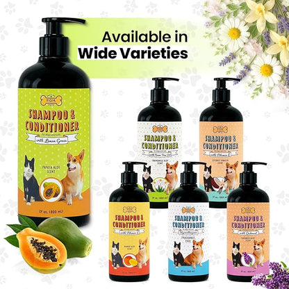 POM Pets 2-in-1 Organic Dog Shampoo &amp; Conditioner – Itchy Skin Relief, Dog Deshedding, Detangles Fur, Cat Shampoo, Paw Cleaner for Dogs, Natural Coat Defense Formula
