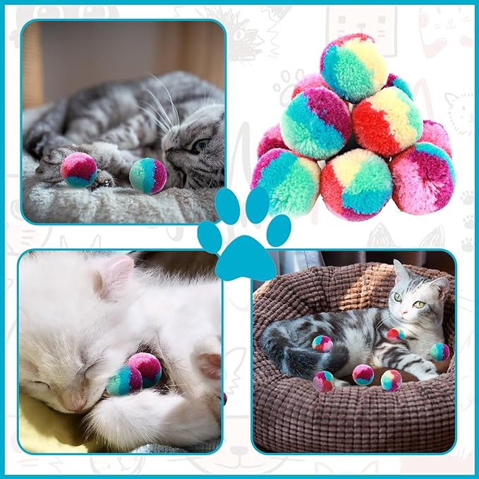 1.2 in Colorful Cat Pom Pom Ball Toys, 20 Pcs Rainbow Cat Toy Balls Soft Plush Cat Ball Interactive Training Ball for Indoor Cats &amp; Kittens