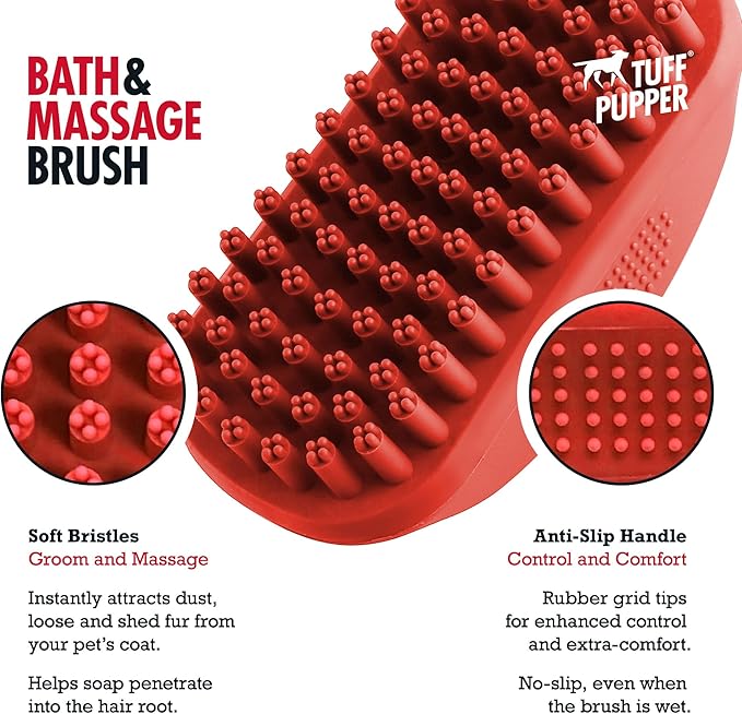 Tuff Pupper Dog Bath Brush, Silicone Pet Hair Remover Brush for Shampooing &amp; Massaging Dogs, Dog Washing Brush with Soft Rubber Bristles Gently Removes Loose &amp; Damaged Fur
