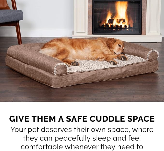 Furhaven Cooling Gel Dog Bed for Medium/Small Dogs w/ Removable Bolsters &amp; Washable Cover, For Dogs Up to 35 lbs - Luxe Faux Fur &amp; Performance Linen Sofa - Woodsmoke, Medium