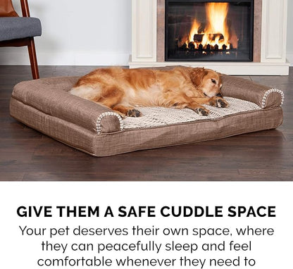 Furhaven Cooling Gel Dog Bed for Medium/Small Dogs w/ Removable Bolsters &amp; Washable Cover, For Dogs Up to 35 lbs - Luxe Faux Fur &amp; Performance Linen Sofa - Woodsmoke, Medium