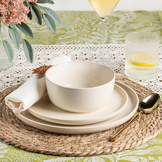 GBHOME Ceramic Dinnerware Sets for 4, 12 Pieces Stoneware Plates and Bowls Sets, Scratch Resistant Dishes, Dishwasher &amp; Microwave Safe, Reactive Glaze-Vanilla color