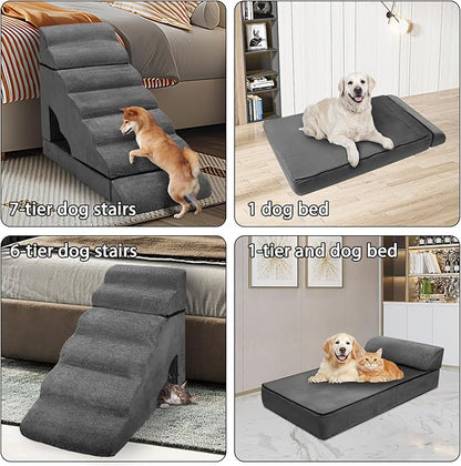 Foam Dog Stairs &amp; Steps Ramps for High Beds 30-36 inches High Tall Large Dogs, LitaiL 7 Step Pet Stairs Steps for High Beds 30 inch Small Dogs, Non-Slip Dog Ramps for Bed