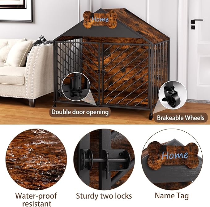 Furniture-Style Dog Crate with Gable Roof Design, Double Locking Doors Indoor Kennel for Small &amp; Medium Dogs, Chew-Proof Escape-Proof Dog Cage, Rustic Brown