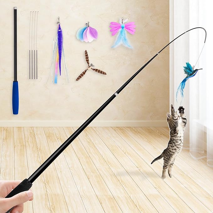 JXFUKAL 2025 Latest Cat Toys, 2 in 1 Spring Cat Wand Toy with 2PCS Ultra-Long Cat Teaser, 4PCS Spring Steel Wire &amp; 5PCS Feather Refills for Kitty Kitten Indoor Cats Accessories