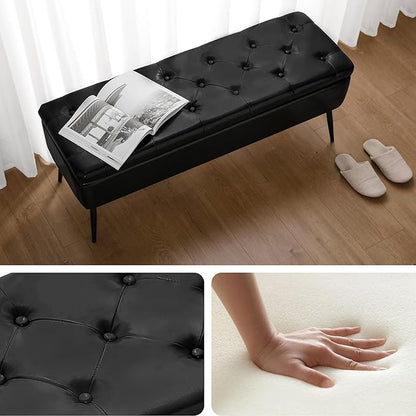 Leather Storage Ottoman Bench,End of Bed Bench for Living Room Bedroom Dinning Room Entryway,Mid-Century Modern,Faux Leather,with Steel Legs,Safety Hinges, Loads 660 lb (with Button, Black)