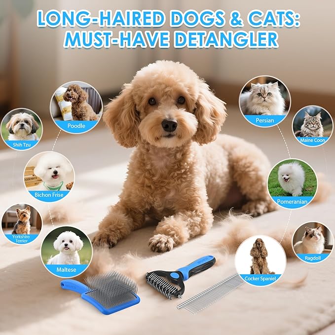 Large Slicker Brush for Dogs - 3PC Pet Grooming Kit - Undercoat Rake &amp; Stainless Comb | Long Pins Remove Mats on Poodles, Golden, Labradoodles | Thick Coat Deshedder for Dogs, Cats, Blue