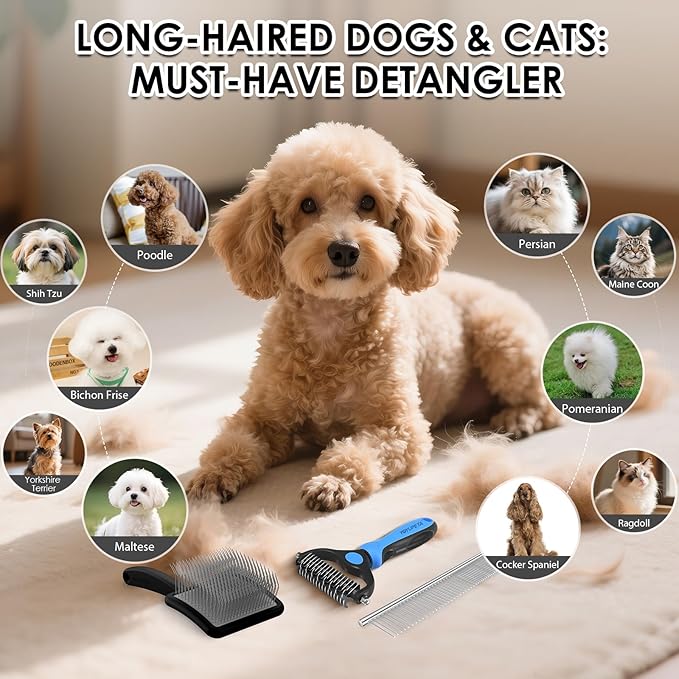Large Slicker Brush for Dogs - 3PC Pet Grooming Kit - Undercoat Rake &amp; Stainless Comb | Long Pins Remove Mats on Poodles, Golden, Labradoodles | Thick Coat Deshedder for Dogs, Cats, Black