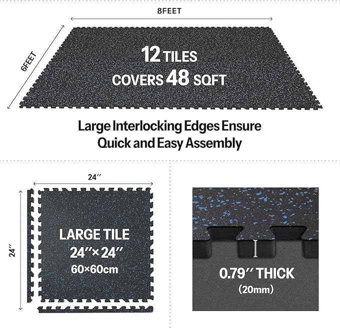 AIRHOP 0.79in Thick 48 Sq Ft Exercise Equipment Mats, 12 Tiles Upgraded Rubber Top with High Density EVA Foam, Large Interlocking Puzzle Gym Flooring for Home Gym, Heavy Weight Workout,Black &amp; Blue