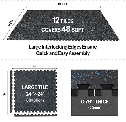AIRHOP 0.79in Thick 48 Sq Ft Exercise Equipment Mats, 12 Tiles Upgraded Rubber Top with High Density EVA Foam, Large Interlocking Puzzle Gym Flooring for Home Gym, Heavy Weight Workout,Black &amp; Blue